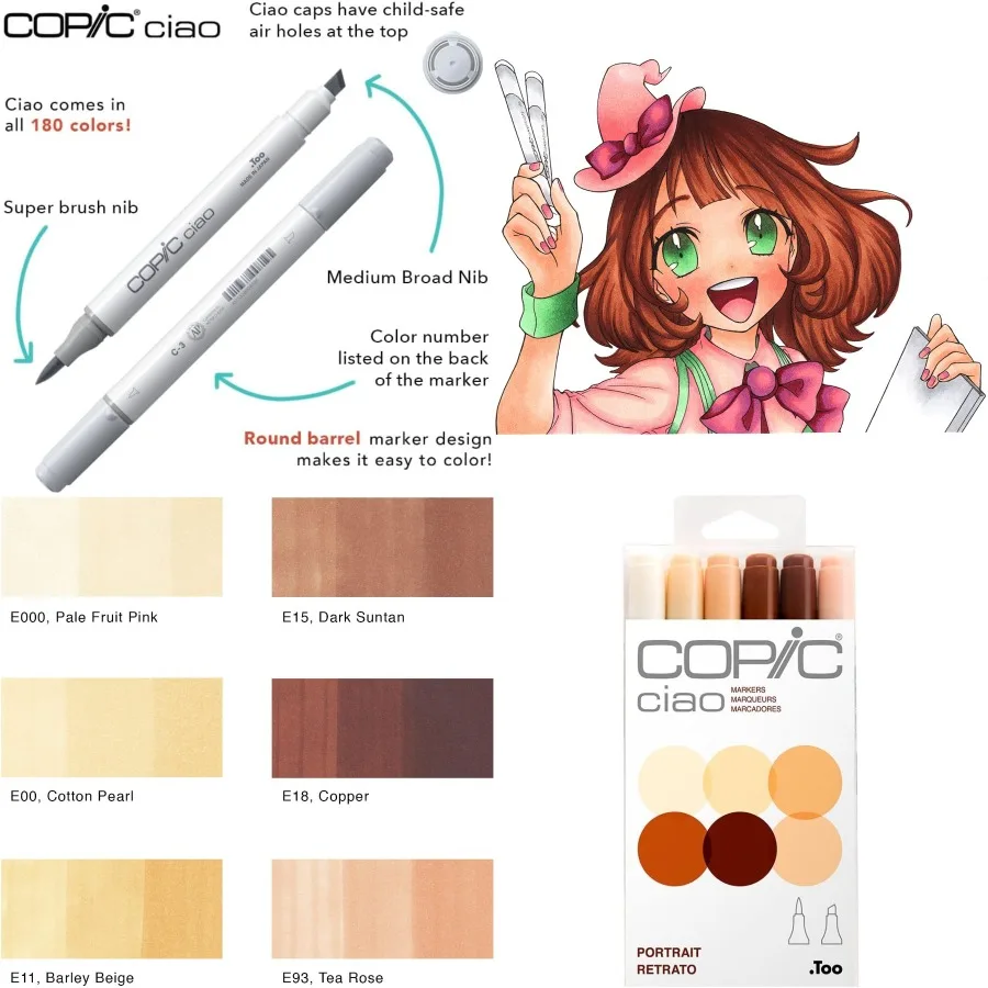 Copic Ciao Alcohol Markers 6 Colors Dual Brush Tip Art Marker for Adults/Teen Artists Creators Permanent Blendable Sketch Marke