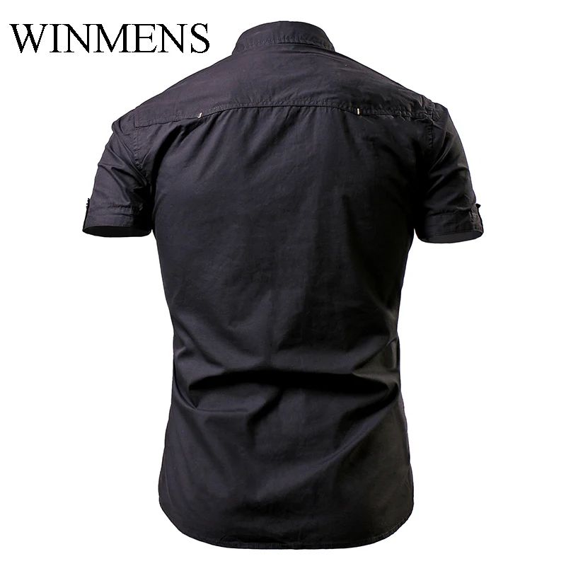 Military Style Men's Short Sleeve Shirts Pocket Solid Cotton Male Slim Fit Work Tops Quick-Dry Breathable Zipper Casual Shirt