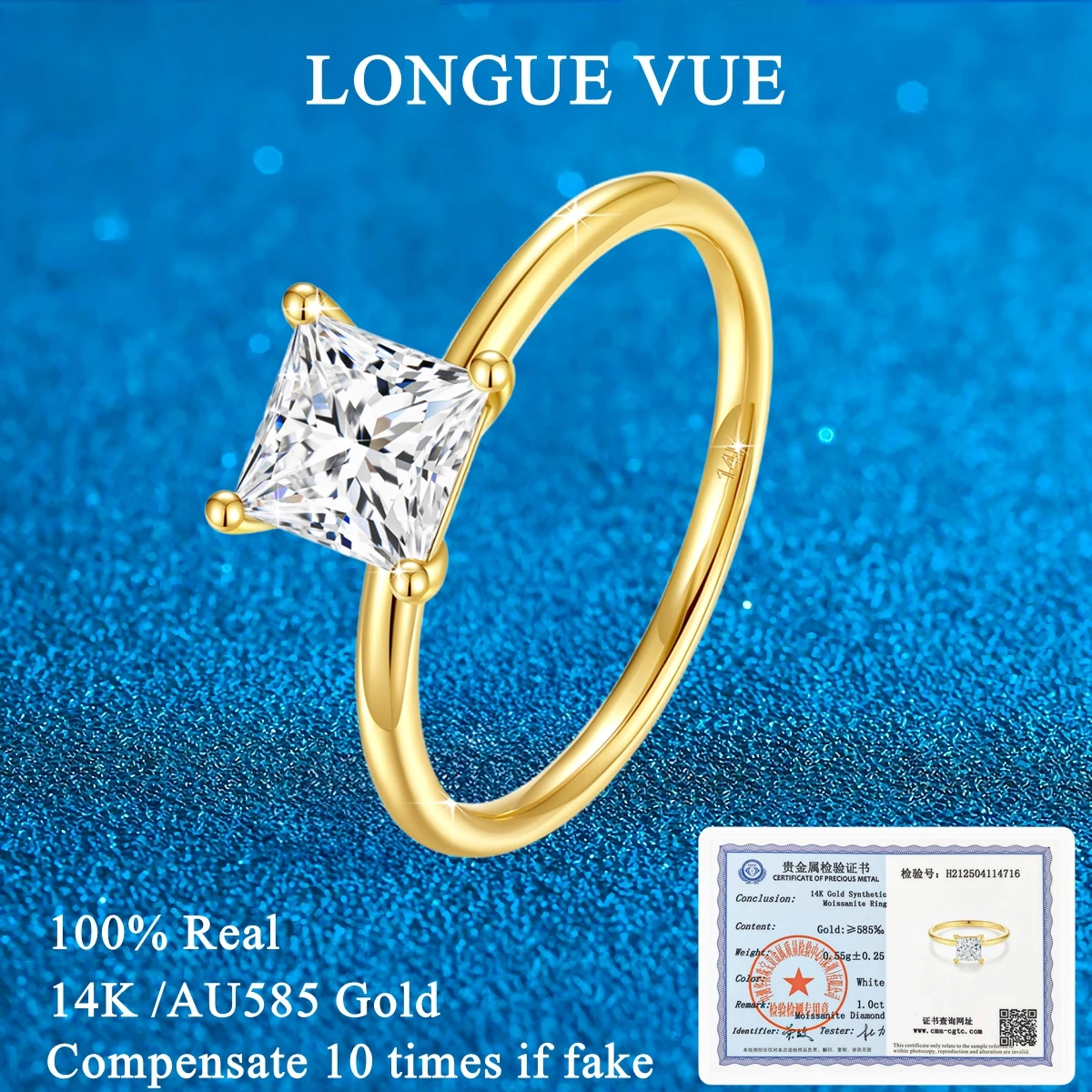 

GRA 1ct 14K Gold Princess Cut Moissanite Ring for Women 4 claws setting Lab Diamond Wedding Band 100% Pass Diamond Test Jewelry