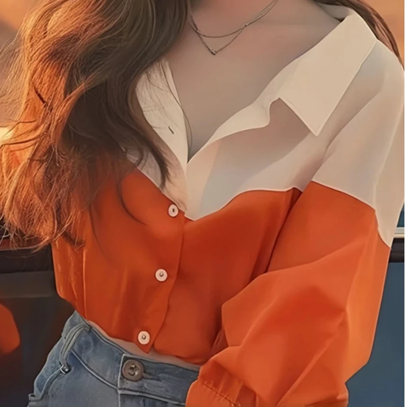 Patchwork Contrast Loose Fashion Shirt Tops Women Clothing Spring New Polo Neck Long Sleeve High Street Blouse Casual Elegant