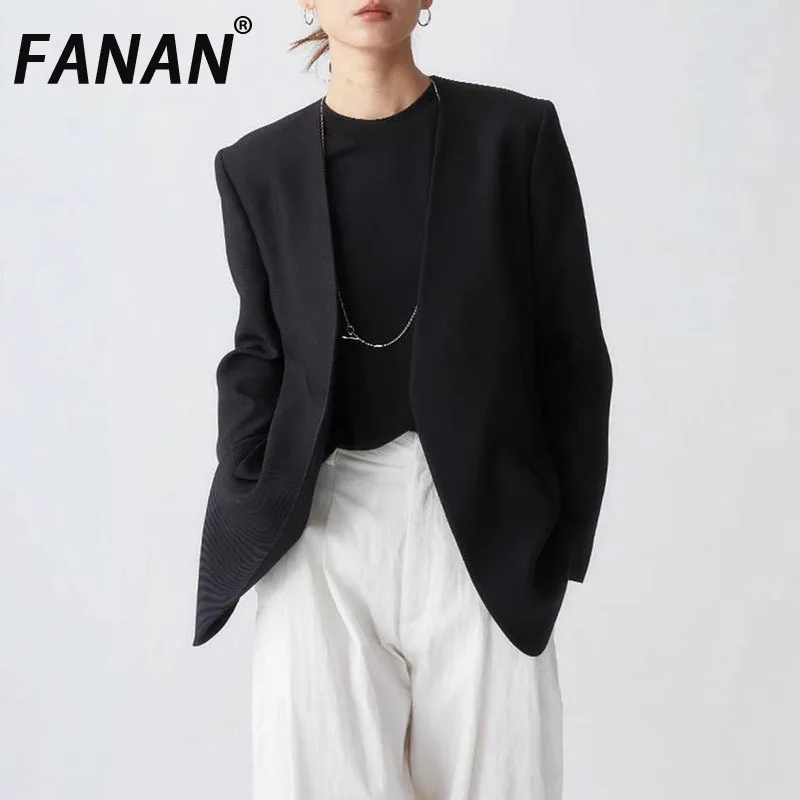 

FANAN Minimalism Cardigan Blazers For Women V Neck Long Sleeve Casual Loose Office Lady Jackets Female Coats 2025 Spring New