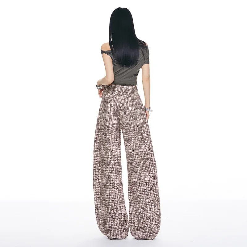 Spring Summer New Pink Plaid Jeans American Casual Fashion High Street Loose Wide Leg Women's Vintage Denim Pants Clothing