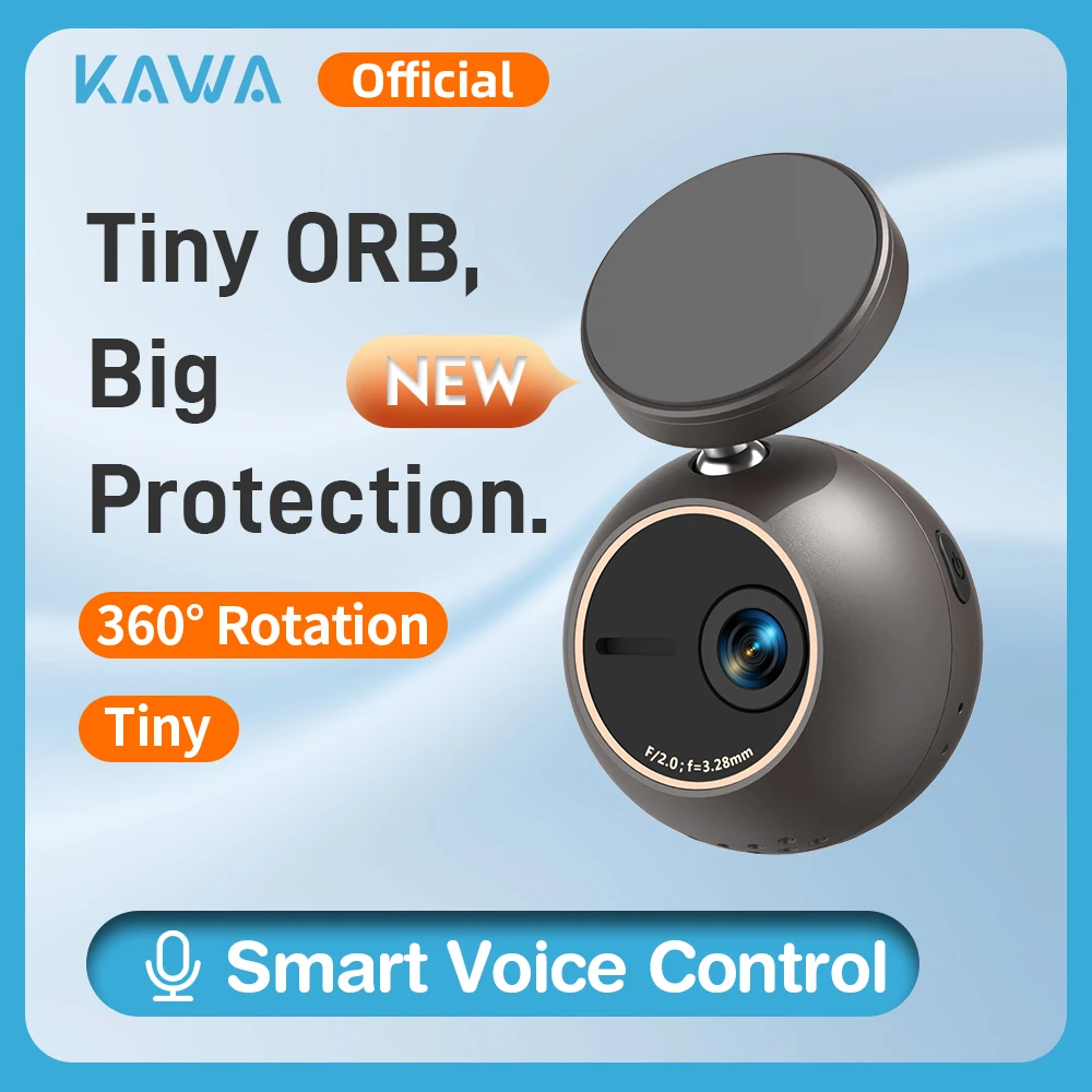 KAWA MINI ORB Mini Enregistreur Vidéo 2K MINI ORB Caméra de Voiture DVR Commande Vocale Surveillance de Stationnement 24H Caméra de Voiture 360 °   Caméra de tableau de bord rotative