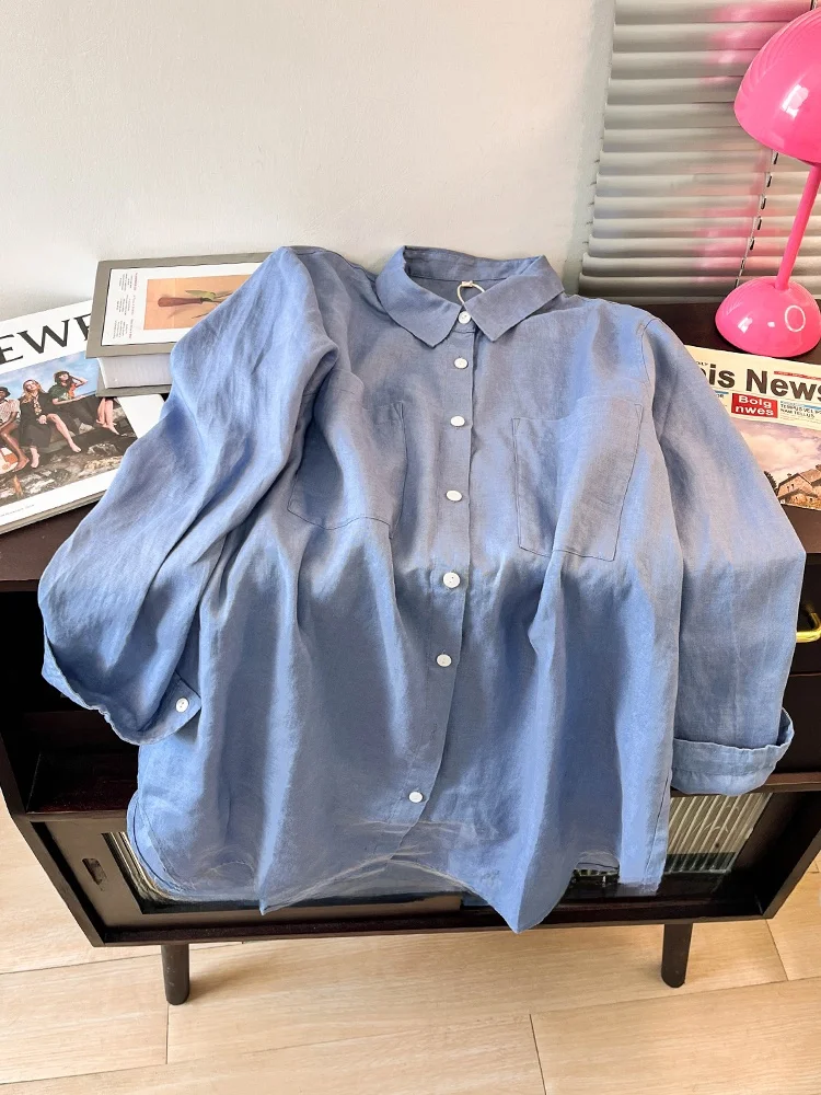 

Blue Linen Cotton irt Jaet Women's Spring Autumn Loose Casual Collar Long Sve Top Retro Commute Sle Pure Color