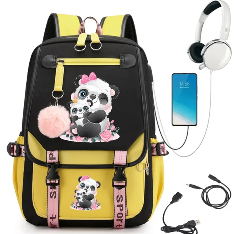 Cute Little Panda with Watercolor Cartoon School Bag for Teenager Girls Backpack Anime Cartoon Bagpack Student Backpack Usb Bags