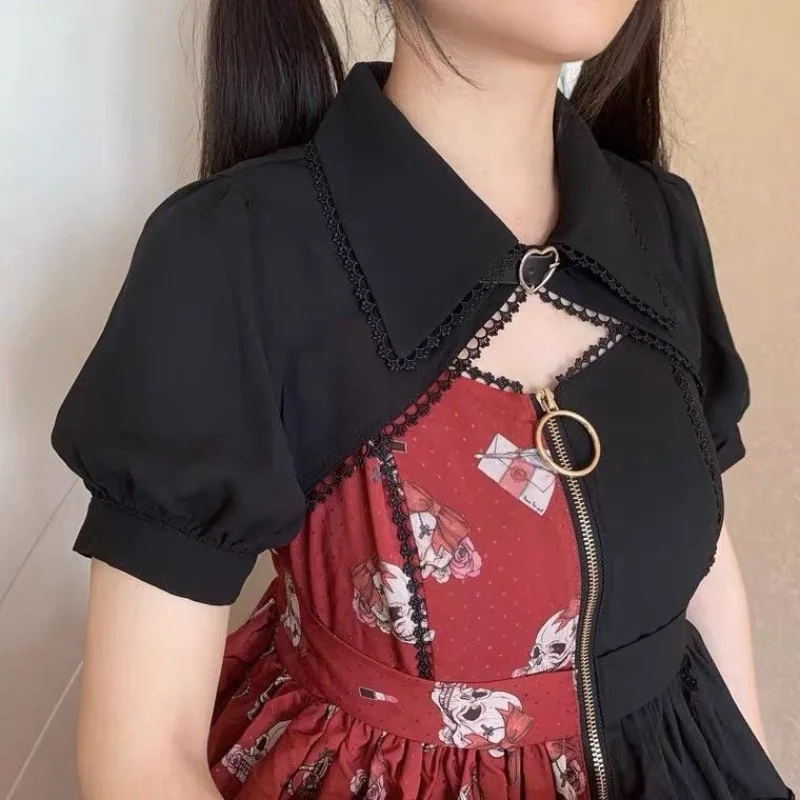

Рубашка с коротким рукавом в стиле Лолиты, женская одежда Y2k, 2021, японские милые кавайные черные блузки, винтажная мода, Blusas De Mujer, майки