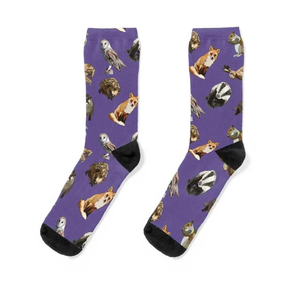 

Woodland Animals Pattern Purple Background Socks man anime halloween gym Socks Ladies Men's