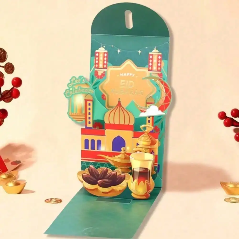 Elegante Grußkarten-Geldumschläge mit 3D-Rötungen für Eid-Festival. Stilvolles, faltbares Grußkarten-Geldpaket für Kinder