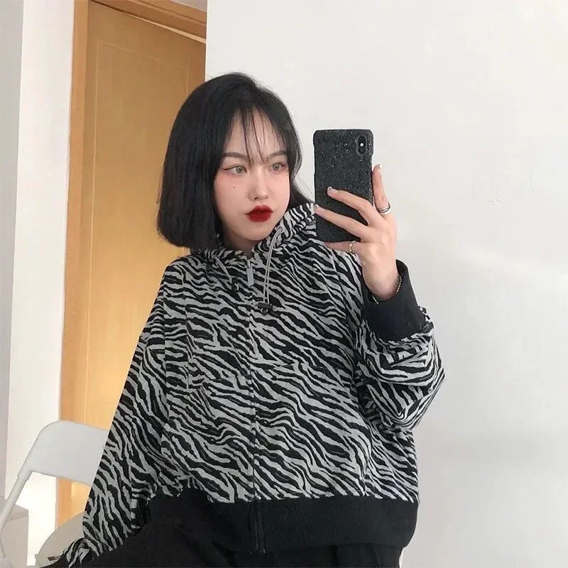 Women Crop Top Lady Clothing 2023 Oversized Casual Hoodie Korean Style Vintage Zebra Print Sweatshirt Puff Sleeve Zip Up Hoodie