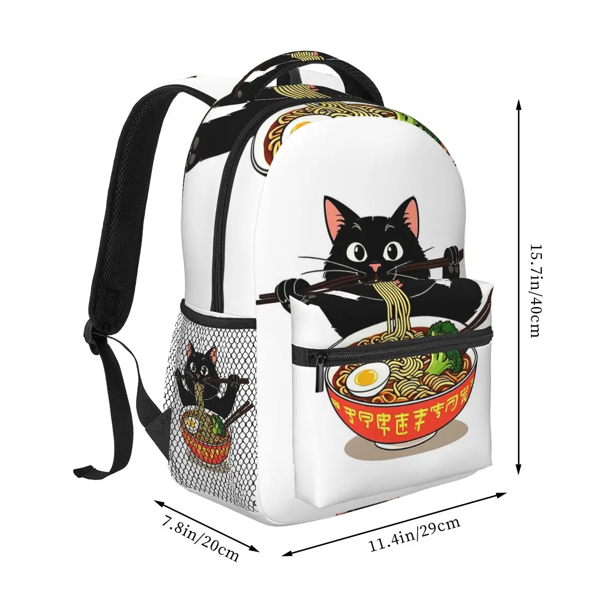 Black Cat Eating Ramen Noodles Backpack Student Boys Girls BookBag Kids School Bag Computer Shoulder Bags for Men Women