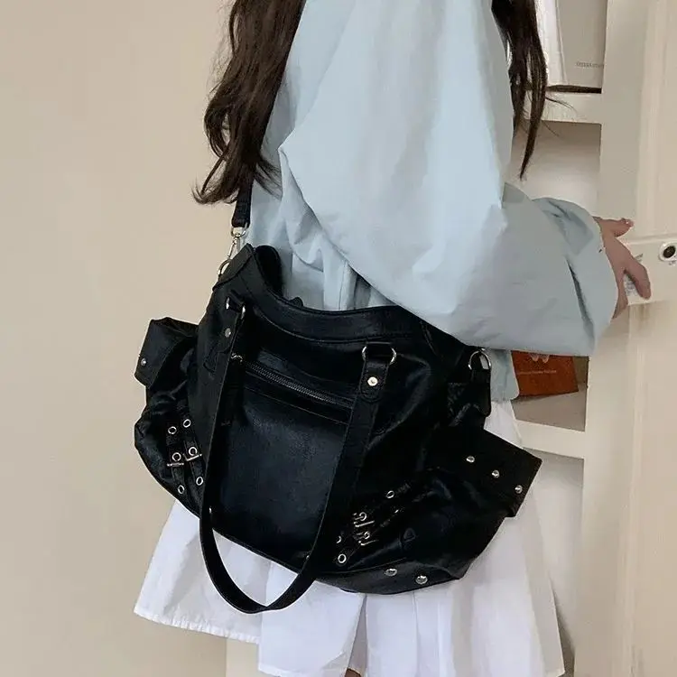 

Retro Biker Bag - Large Capacity Casual Black Versatile Shoulder Crossbody Tote Bag with Adjustable Strap Women