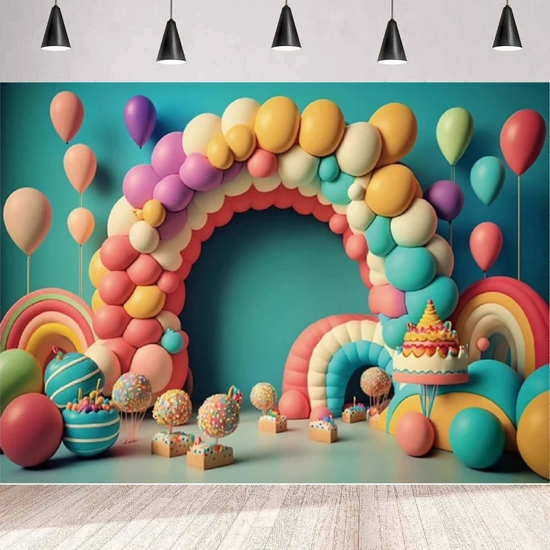 Photography Backdrop 3D Colorful Arch Balloon Candy Cake Smash Background Girl Baby Birthday Party Backdrop Wall Banner Poster