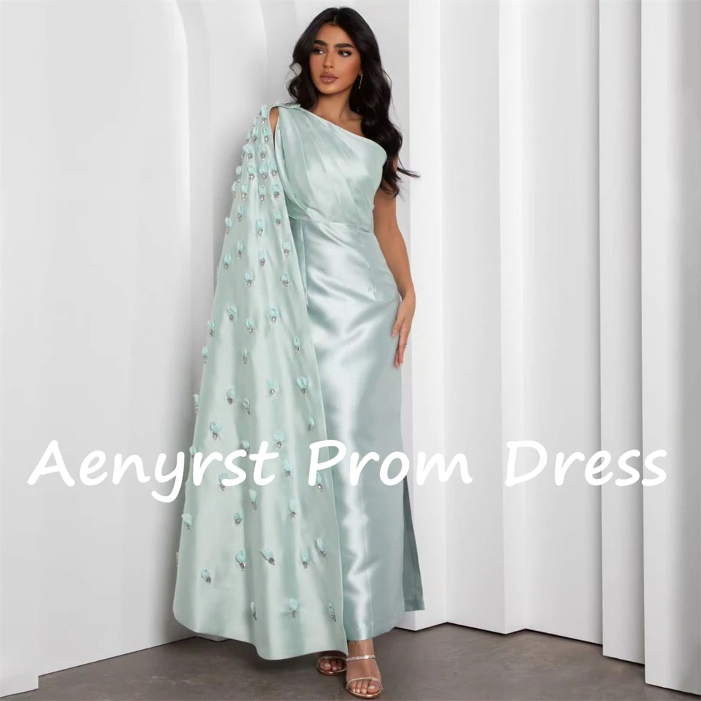 Aenyrst Elegante Um Ombro Cetim Prom Vestidos Sereia Plissada Arábia Vestidos De Noite Mulheres Tornozelo Comprimento Vestido de Festa personalizado