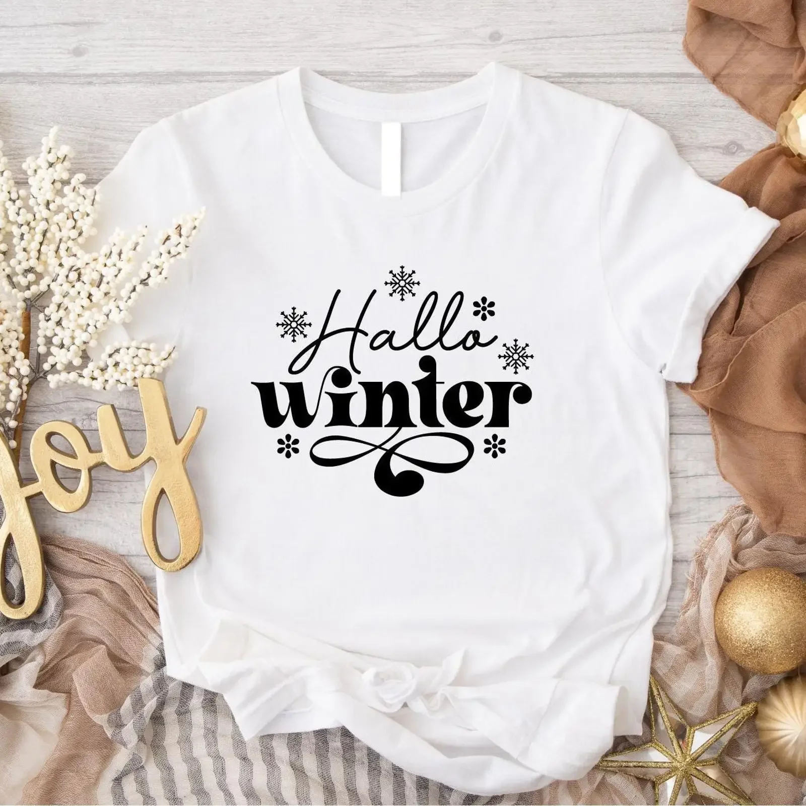 Hallo Winter Snowflake Print T shirt German Style Christmas Holiday Season Casual Top vintage Washed Soft Slightly graphic