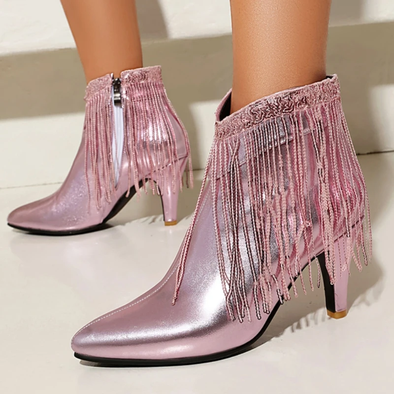 

Luxury Tassel Women's Ankle Boots Red Pink Black Gold Heels Dance Boot Female Silver Footwear Party Shoes Ladies Large Size 47