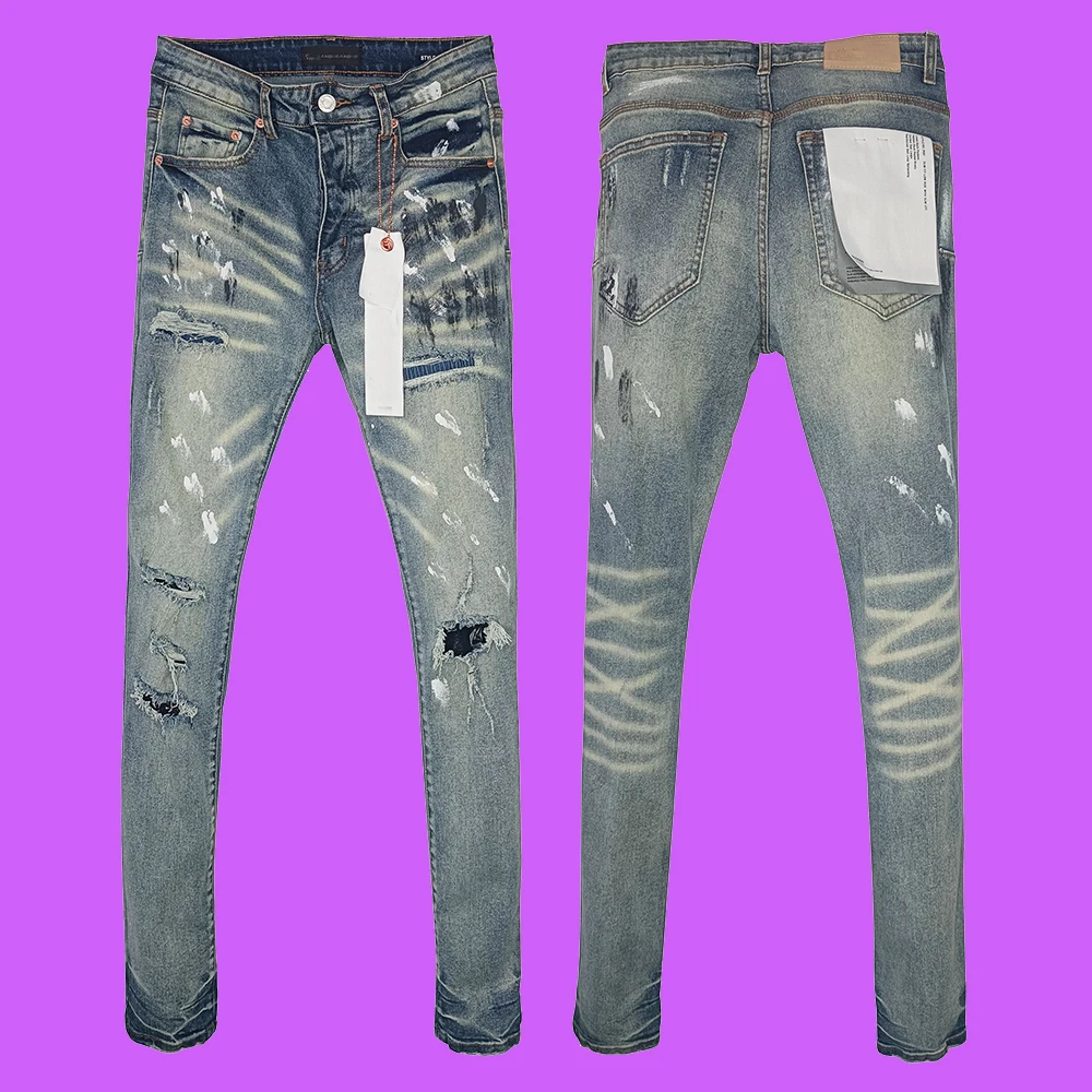 

High quality Purple roca jeans Brand ripped patch jeans men's stretch skinny jeans with small feet pants