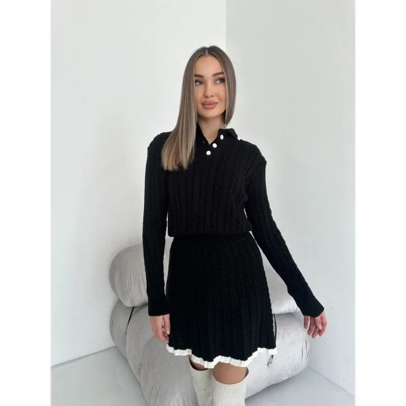 2024 New European and American Women\'s Casual Skirt Set Fashion Long Sleeve Knitted Button Sweater Short Skirt Two Piece Set