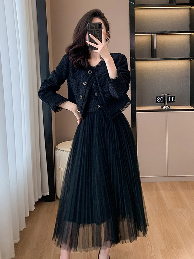 

Fall Winter Two-Piece Set Fashion Small Fragrant Ladies Black Tweed Long Sleeve Ruffles Short Jacket+Sexy Spaghetti Strap Dress