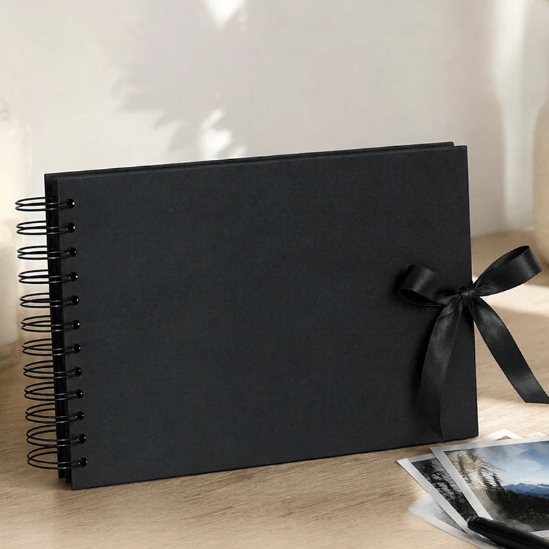 A5 30-Page Scrapbook Photo Album Black Spiral Bound Notebook Ribbon Tie 1/2 Pcs Blank DIY Memory Book for Pictures Journal TMZ