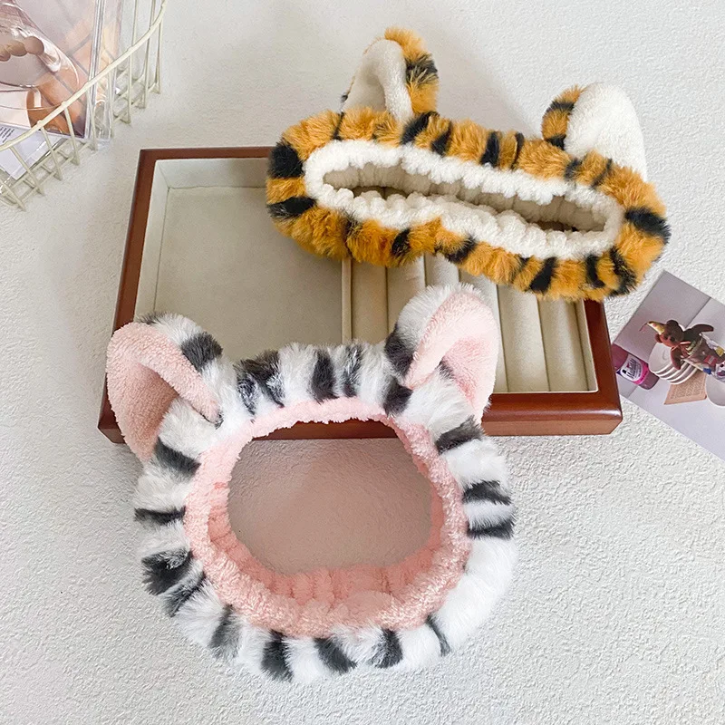 Elastic Furry Headband Non Slip Tiger Striped Head Wrap Cat Ears Headbands Makeup Headwrap Lovely Soft Animal Head Wrap