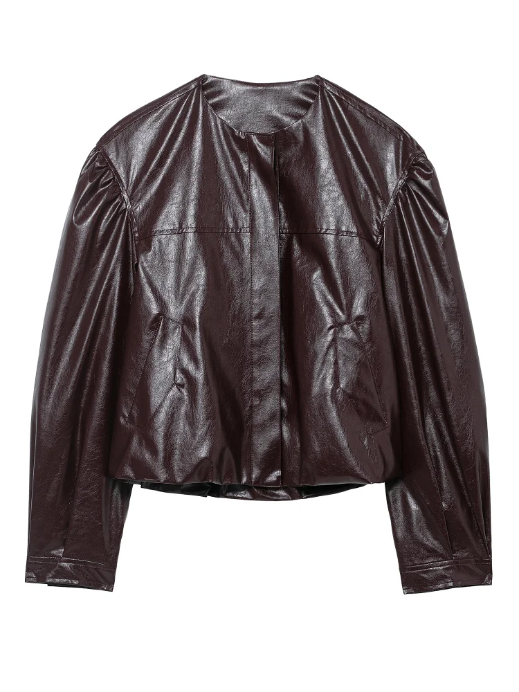 

Red Fashion Short Leather Jacket Women Chic Lapel Full Sleeve Single Breasted Round Neck Loose Jackets 2025 Lady Street Outwear