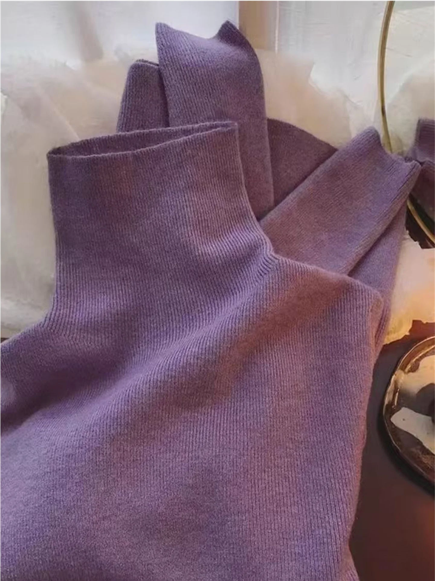 

Ele Фиолетовый вязаный свитер с высоким воротником, женский осенне-зимний тонкий облегающий свитер Long Sve Base irt, мягкая уютная внутренняя одежда