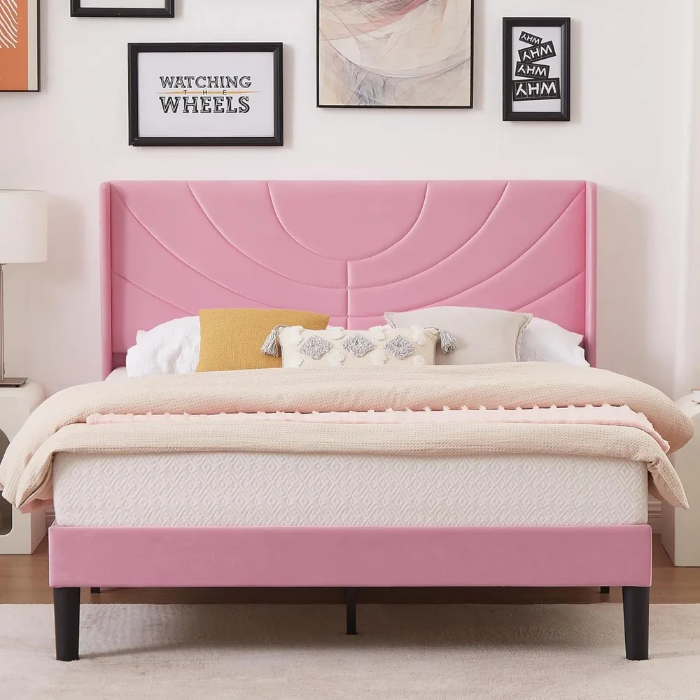 

VECELO Queen Size Bed Frame Upholstered Platform with Fabric Headboard/Wooden Slats Support/No Box Spring Needed/Mattress Founda