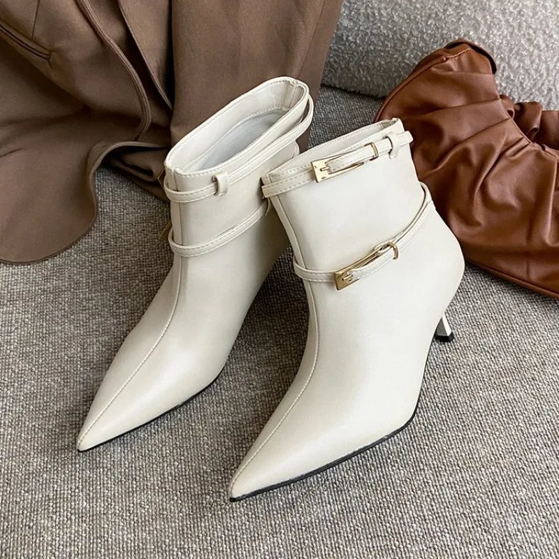 

Autumn Early New Pointed Toe Booties Metal Belt Buckle Sleeve Anti-slip Wear-resistant Stiletto Shoes