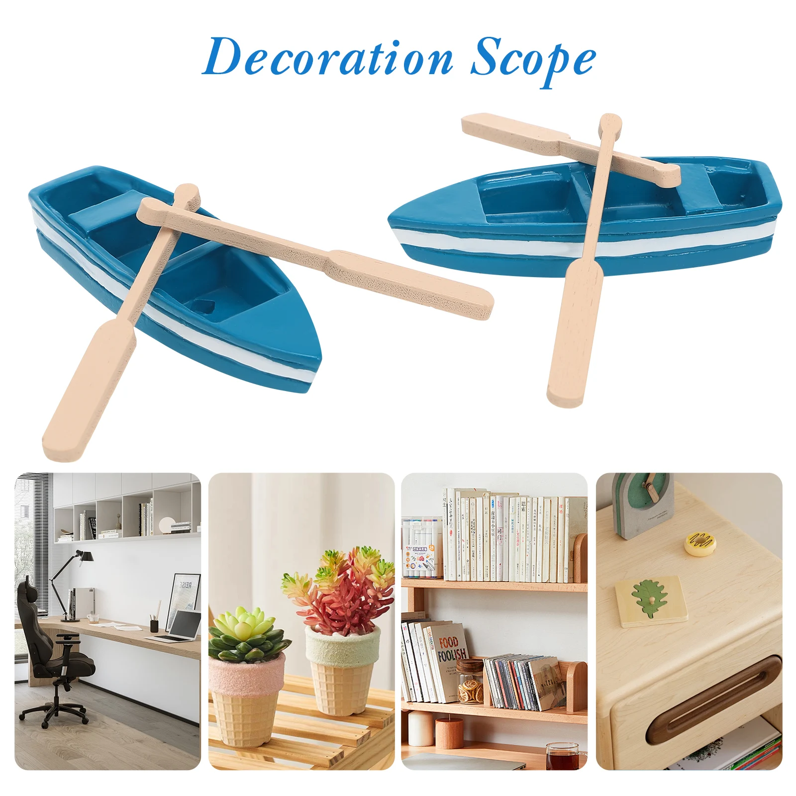 

6 Pcs Blue Mini Boats Figurine Realistic Row Boat Model Wood Craft Nautical Home Decor Ocean Room Coastal Statue