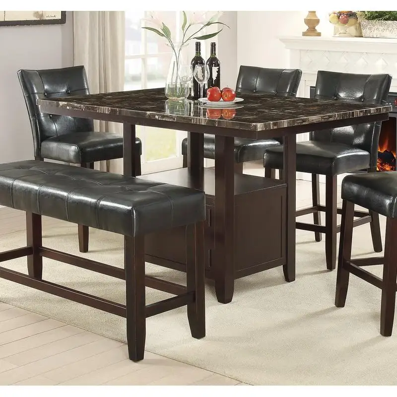 طقم طعام مكون من 6 قطع مع مساحة تخزين، سطح طاولة رخامية صناعية، 4 كراسي عالية مع مقاعد معنقدة من الجلد الصناعي الأسود، مقعد واحد