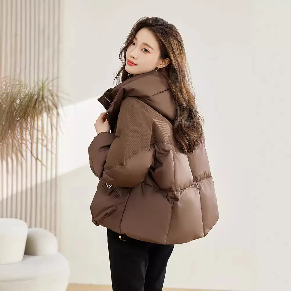 2025 Winter Women's Small Short Thick Solid Color Loose Cotton Clothes Cotton Clothes Fashion Warm Hooded Pocket Jacket