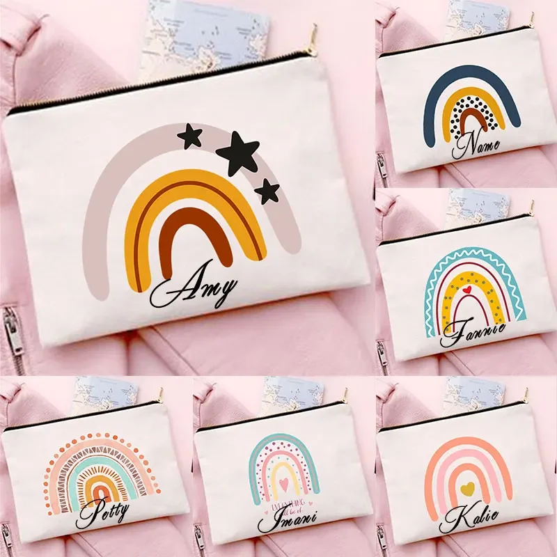 Cadeau Voor Haar Naam Maatwerk Regenboog Print Cosmetische Tas Clutch Toiletartikelen Organizer Reizen Vrouwen Make-Up Hoesjes