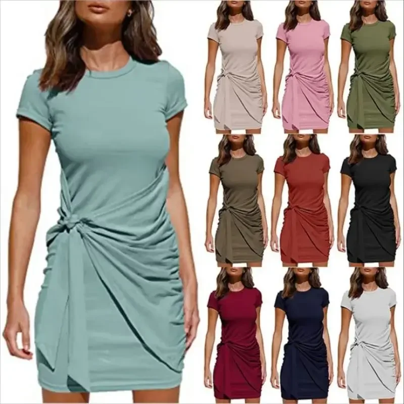 Vestido holgado Camiseta de manga corta para mujer, cuello redondo, volantes, lazo, cinturón, Irregular, moda de verano, nuevo