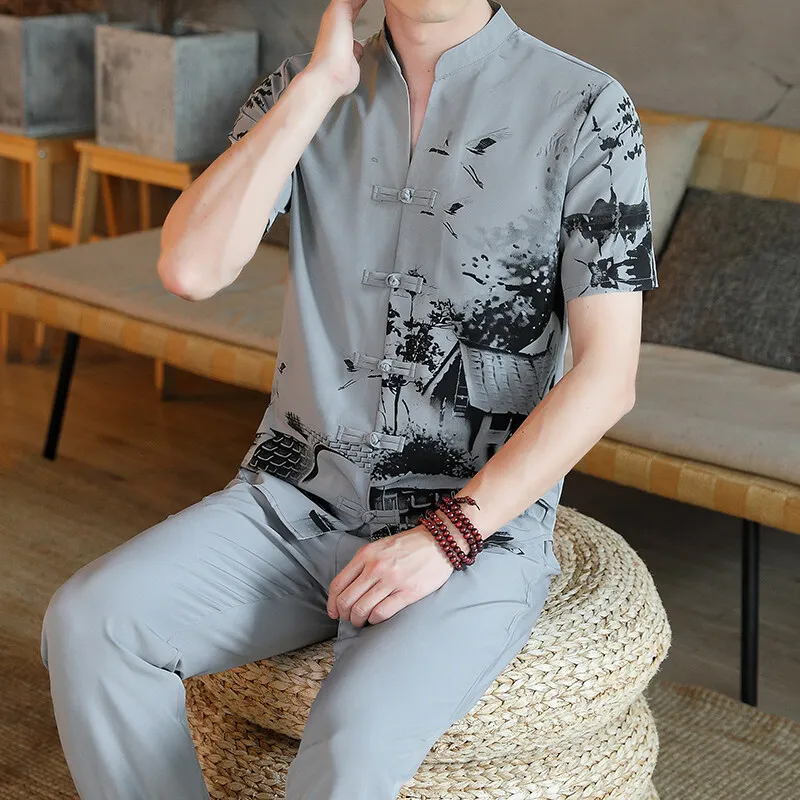 

Комплект из двух предметов в китайском стиле, рубашки + укороченные брюки, лето 2025, спортивная одежда, мужские повседневные комплекты, весенняя мужская модная мужская повседневная рубашка