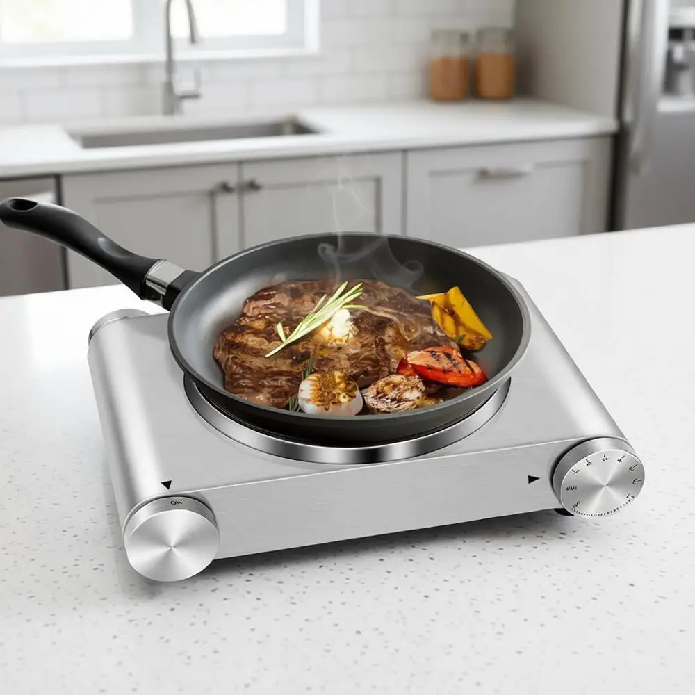 

1500W Electric Stove Single Burner with Adjustable Temperature Control, Silver Stainless Steel Body