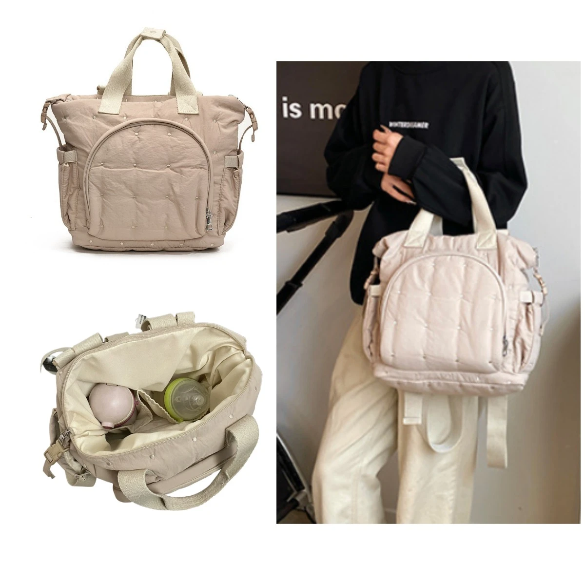 

Fashionable Quilted Large Capacity Bag Stroller Hook Included Nylon Bag Casual Backpack for Women Travel