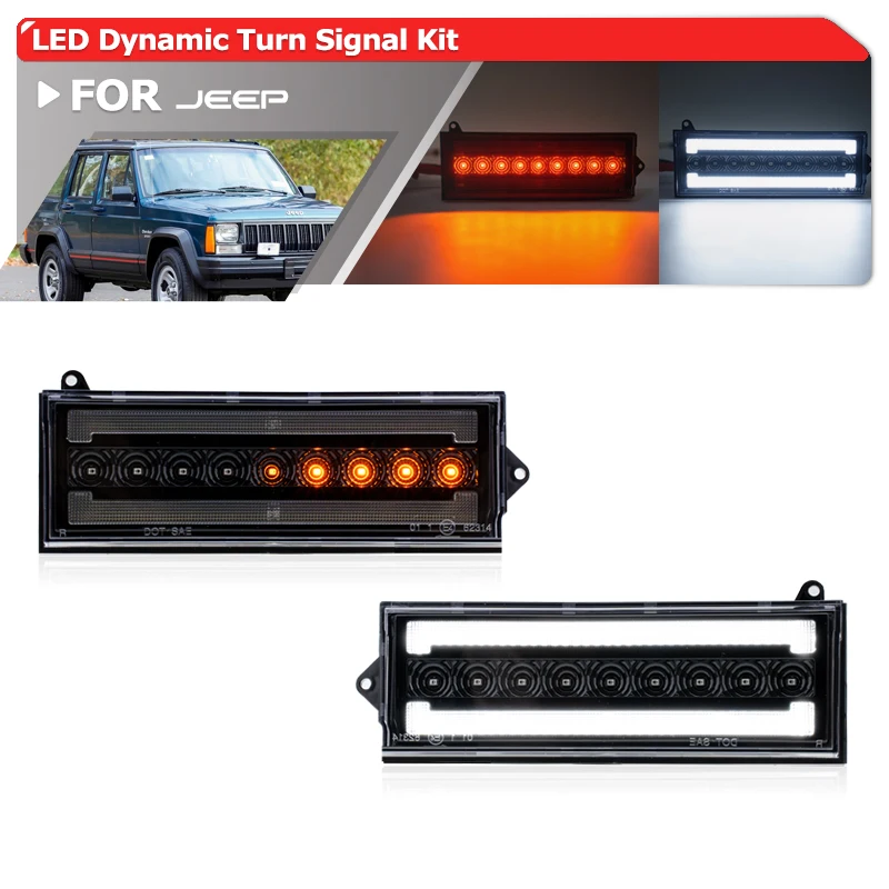 

For 1984-1996 Jeep Cherokee XJ Wagoneer Comanche MJ LED Front Bumper Sequential Turn Signal Blinkers/Parking Running Light Assy