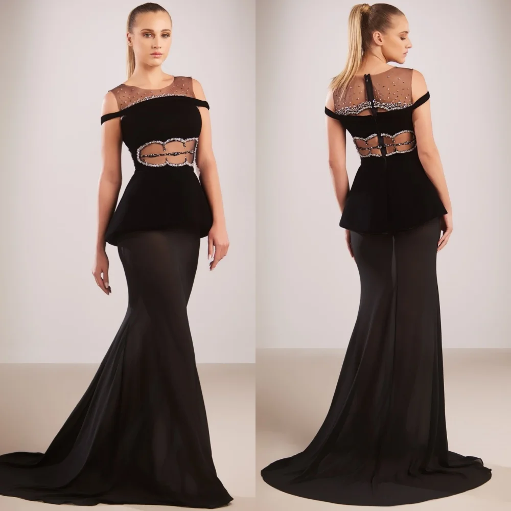 

Customized High Quality Jersey Sequined Pleat A-line Scoop Neck Long Dresses Bespoke Occasion Intricate