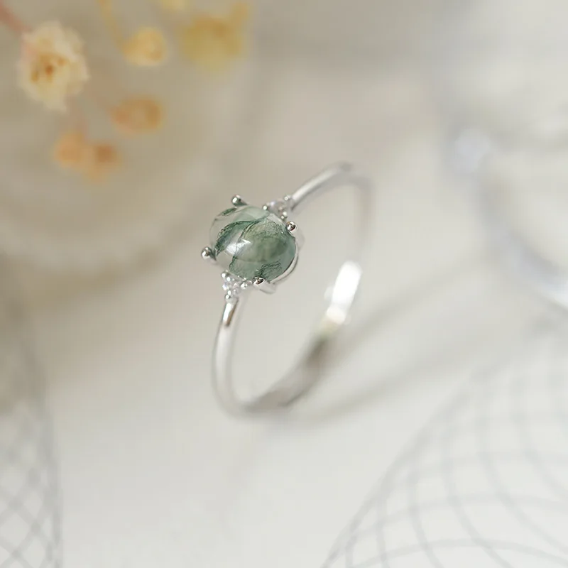 Classic Natural Stone Texture Different Green Moss Grass Agate Vouple Ring For Women Sterling Silver Valentine Day Gift Jewelry