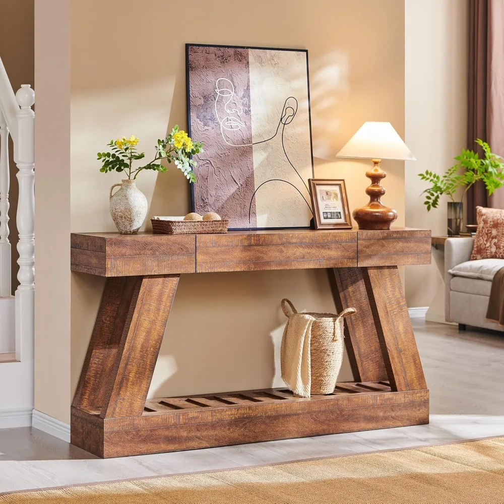 

60Farmhouse Entryway Table, Entry Table with Drawer, Wooden Hallway Foyer Table with Heavy Duty Base, Narrow Long Console Table