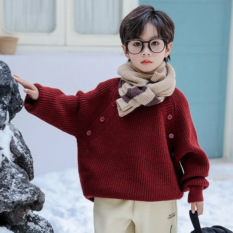 

Boys' Thickened Pullover Sweater 2025 Autumn Winter New Style Handsome Knitwear Red Cotton Blend for 3-12 Years Old