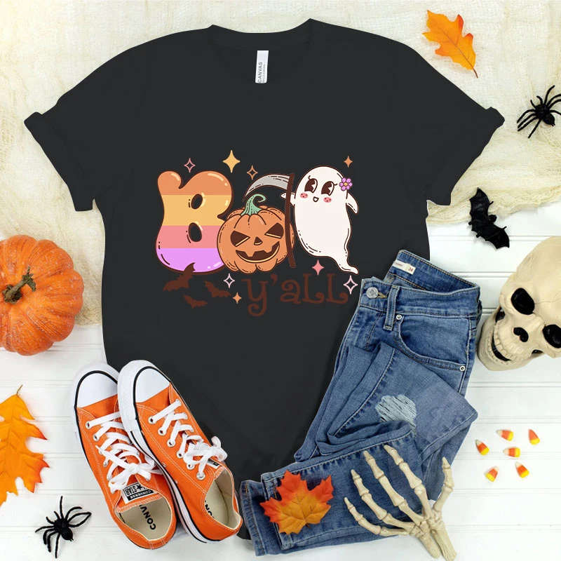 

(Premium T-shirt)New Hot Halloween Boo Y'All T-Shirts Fashion Women Girls Summer Tee Shirt Casual Short Sleeve Round Neck Tops