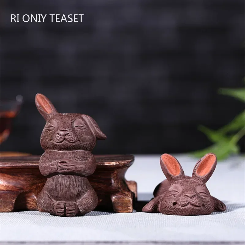 Chinese Purple Clay Tea Pet Handmade Rabbit Model Statue Ornaments Sculpture Tea Figurine Desktop Crafts Tea Set Decoration Gift