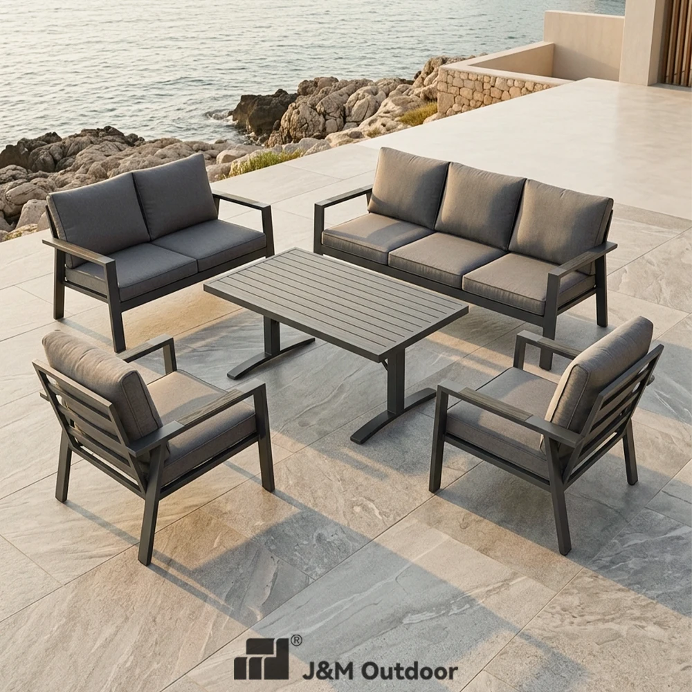 Coofull Outdoor Furniture Sets Aluminum Slat Garden Sofas Patio Couch with Grey Cushions Outdoor Tables for Beachfront Resort