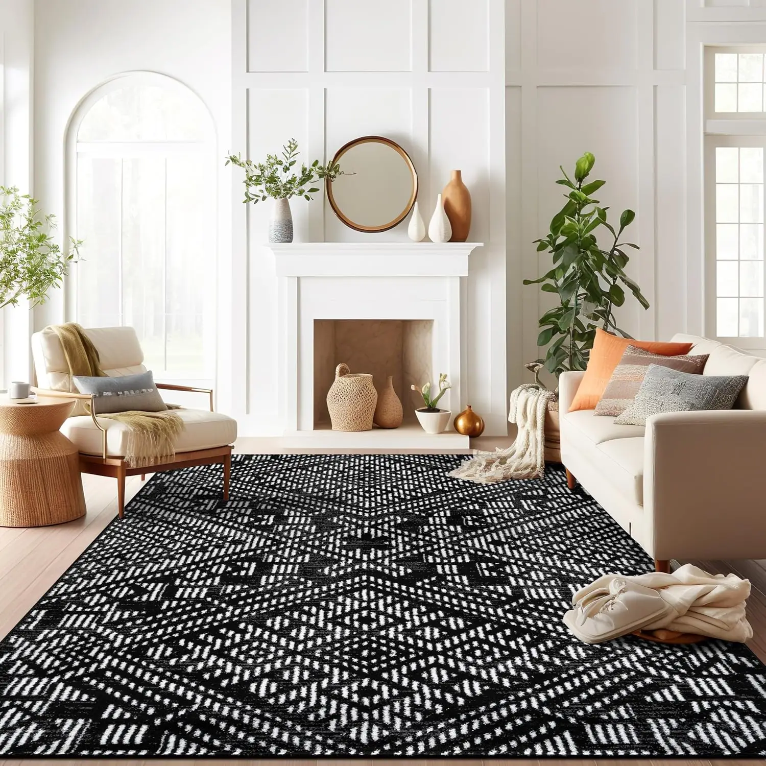 Boho Black Tribal Area Rug– Modern Indoor Carpet for Living Room, Bedroom, or Entryway – Non-Shedding, Low Pile Geometric Design