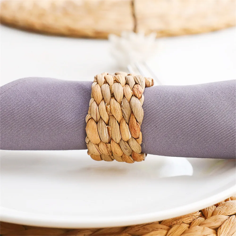 Straw Woven Arts Napkin Rings Boho Handmade Napkin Holder Rings For Home Christmas Table Decoration Tableware Holder Buckle