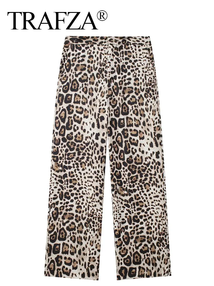 TRAFZA Leopard Print Pant For Women Vintage High Waist Loose Casual Zipper Fly Trousers 2024 Woman Fashion Straight Pants TRAF