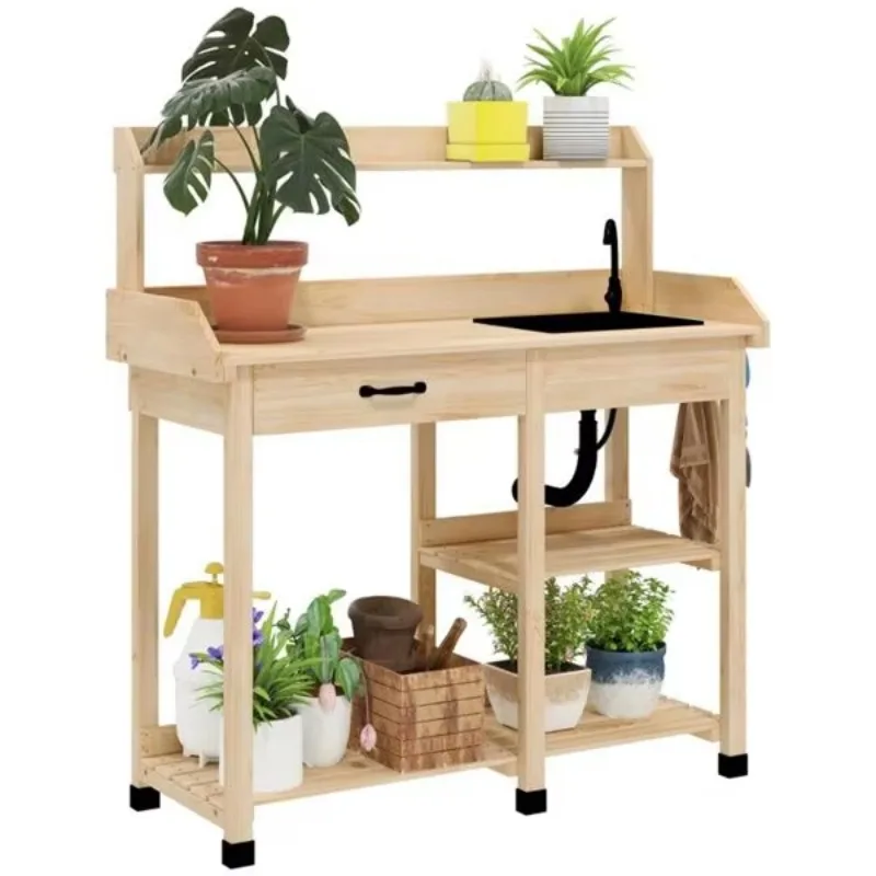 Natural Wooden Outdoor Garden Potting Bench Table with Removable Sink & Faucet, Garden Workstation with Storage