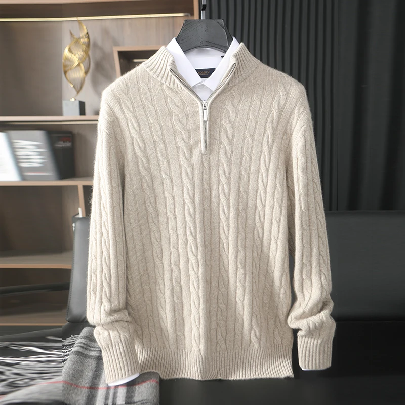 

A-Class 100% Pure Cashmere Sweater Men's Half Zipper Stand Up Collar Pullover, Autumn Winter Thick Warm Knit Twisted Sweater