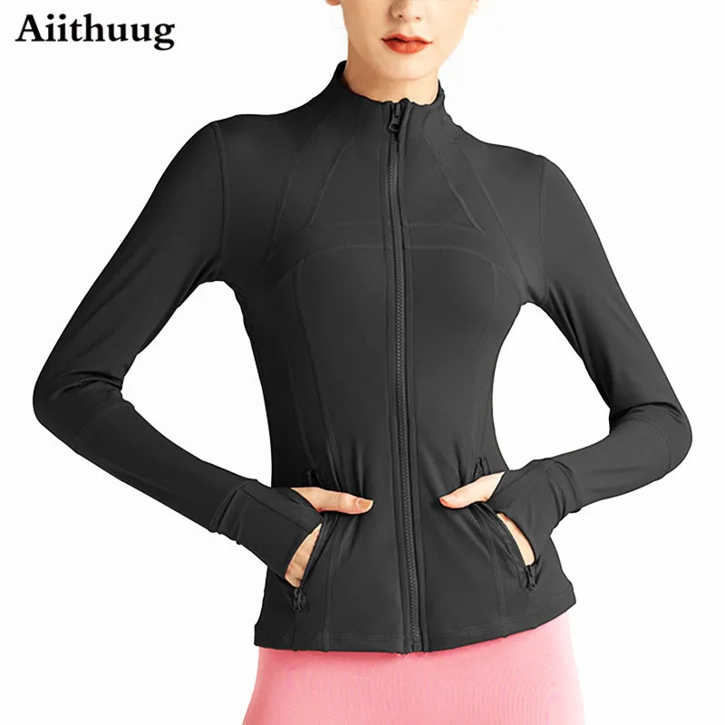 Aiithuug Women’s Slim Fit Lightweight Full Zip Up Yoga Workout Jacket Athletic Running Sports Track Jacket with Pockets Thumb